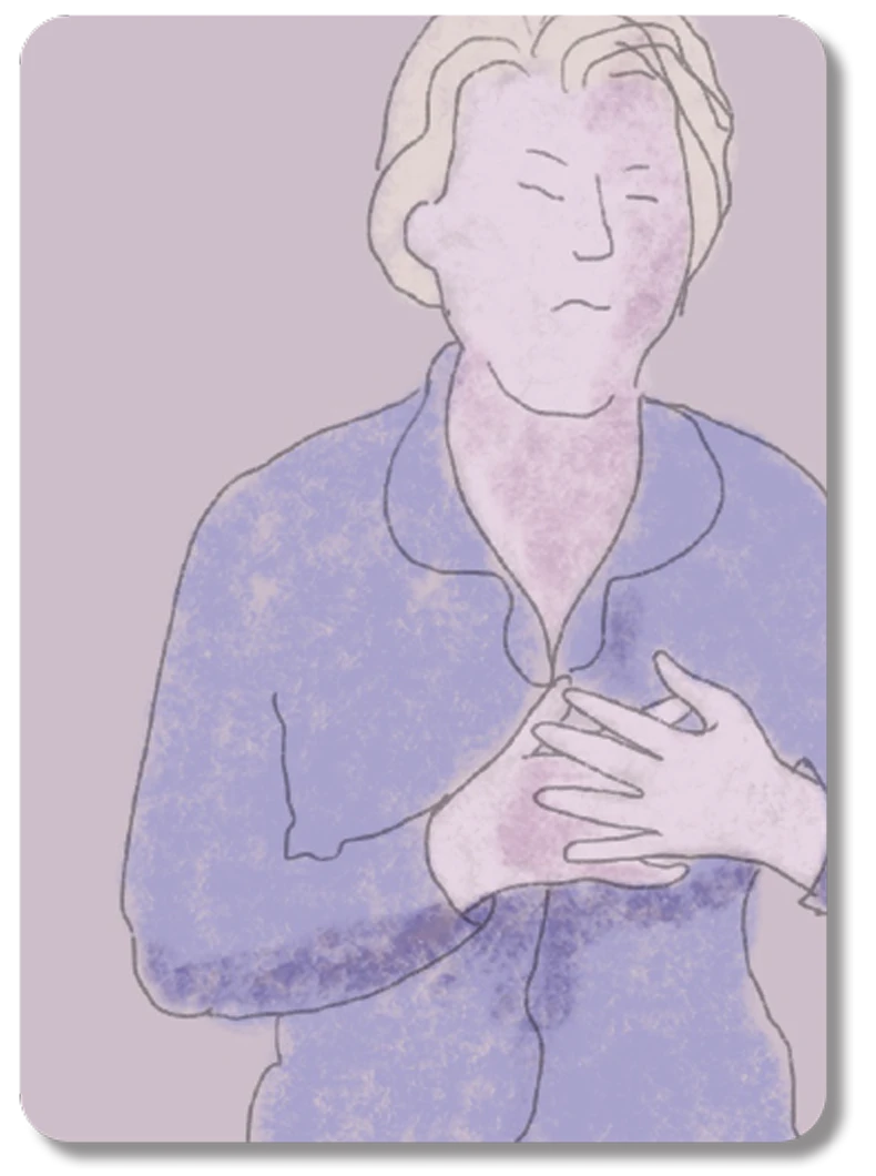Two overlapping cards with illustrations. The first has an illustration of someone putting hands on their chest and looking in pain. The second has an illustration of someone putting their hands on their head, as if they have a headache.