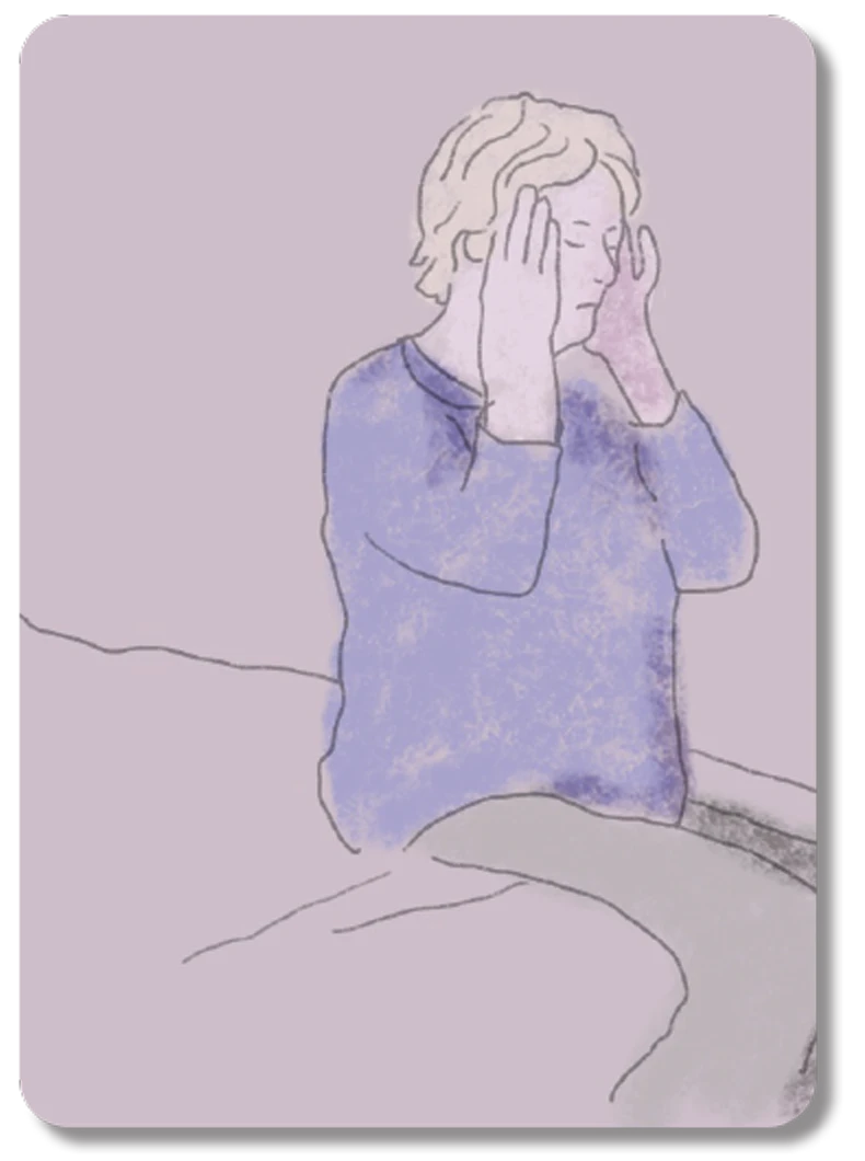 Two overlapping cards with illustrations. The first has an illustration of someone putting hands on their chest and looking in pain. The second has an illustration of someone putting their hands on their head, as if they have a headache.